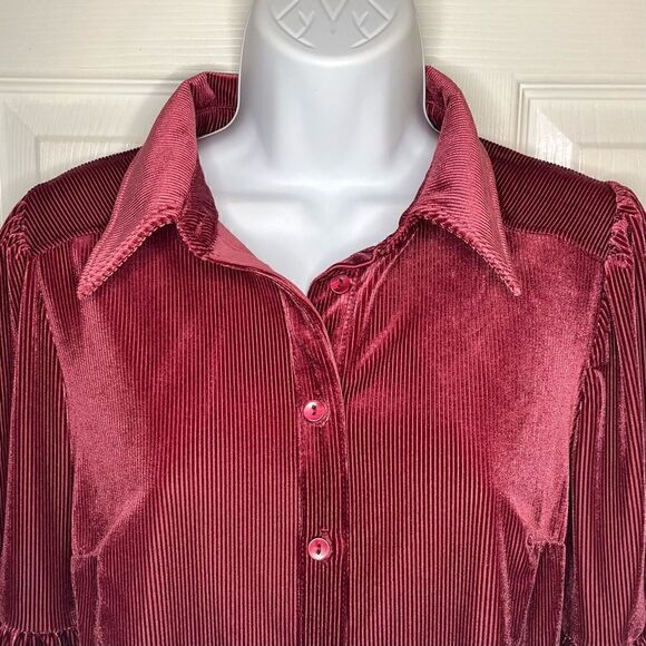 Modcloth Here For the Drama Button Up Corduroy Velvet Top Balloon Sleeve Wine S - Picture 5 of 12